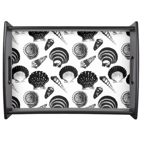Seashells _ black and white on a white background serving tray