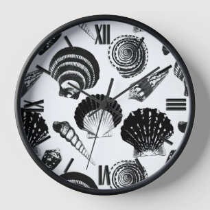 Seashells - black and white on a white background wall clock