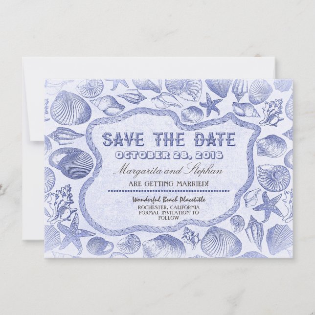 seashells blue beach wedding save the date (Front)