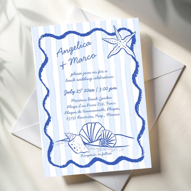 Seashells blue handrawn wavy border beach wedding invitation (Seashells blue handrawn wavy border sketch beach wedding invitation cards template instant download)