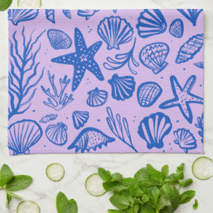 Seashells Blue & Purple Pattern Beach Shells Chic Kitchen Towel