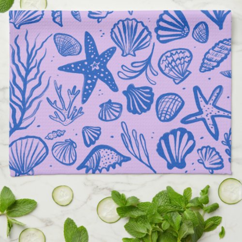 Seashells Blue  Purple Pattern Beach Shells Chic  Kitchen Towel