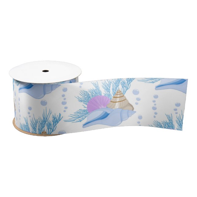 Seashells Blue Water Bubbles Marine Sea Snail Satin Ribbon (Spool)