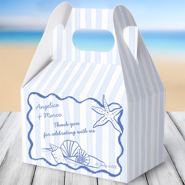 Seashells blue wavy border beach wedding favors favor boxes (Seashells handrawn blue wavy border beach wedding favors personalized favor boxes)