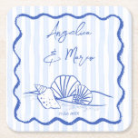 Seashells blue wavy border beach wedding favors square paper coaster<br><div class="desc">Seashells blue handrawn wavy border beach wedding favors monogrammed coasters template,   beach wedding personalized coasters,  sketch beach wedding personalized table decor,  summer wedding printed coasters,  seashells on the beach wedding personalized table decor,  handwriting wedding personalized favors wedding coasters</div>