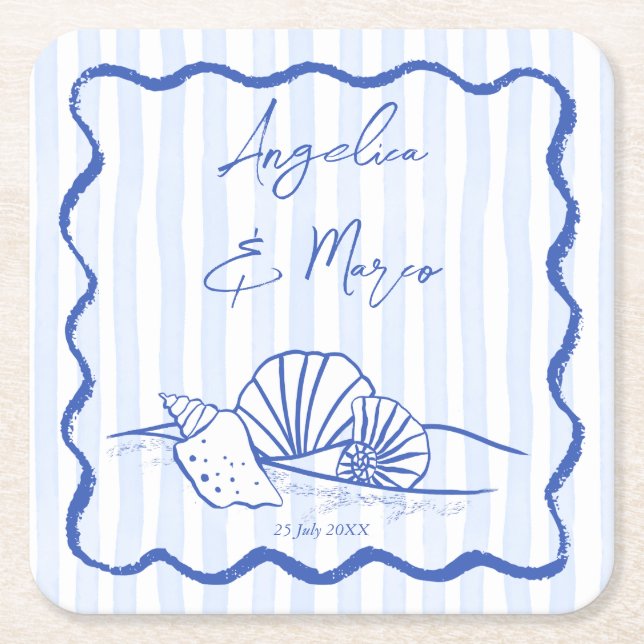 Seashells blue wavy border beach wedding favors square paper coaster (Front)