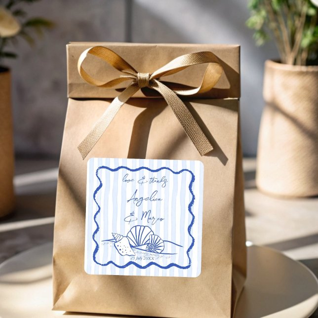 Seashells blue wavy border beach wedding favors square sticker (Seashells handrawn sketch blue wavy border beach wedding personalized favor stickers)