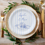 Seashells blue wavy border beach wedding monogram paper plates<br><div class="desc">Seashells blue handrawn wavy border beach wedding monogrammed paper plates template,   beach wedding personalized paper plates,  sketch beach wedding personalized table decor,  summer wedding printed paper plates,  seashells on the beach wedding personalized table decor,  handwriting wedding personalized decor</div>