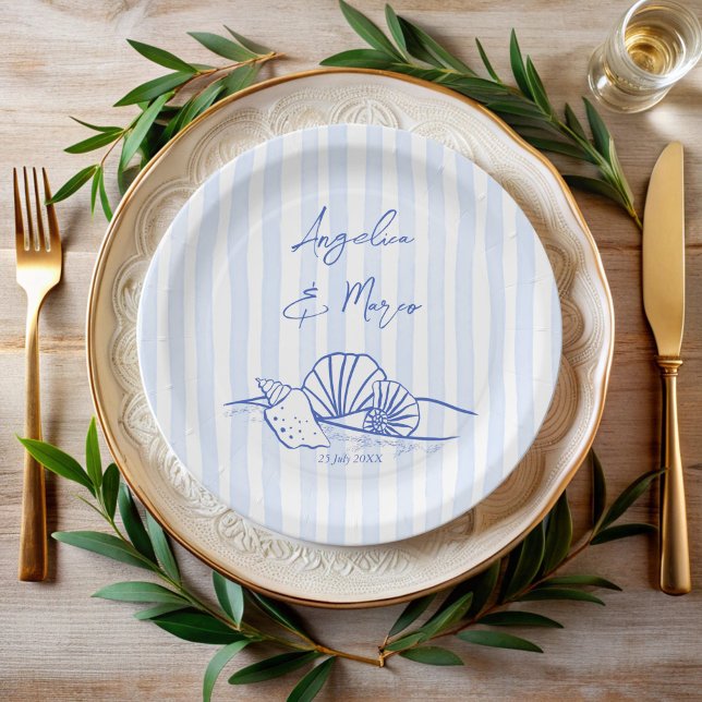 Seashells blue wavy border beach wedding monogram paper plates (Seashells handrawn blue wavy border beach wedding monogrammed paper plates personalized table decor)