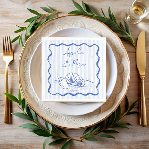 Seashells blue wavy border beach wedding napkins