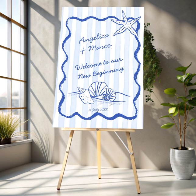 Seashells blue wavy border beach wedding welcome foam board (Seashells blue wavy border handrawn sketch beach wedding personalized welcome sign board)