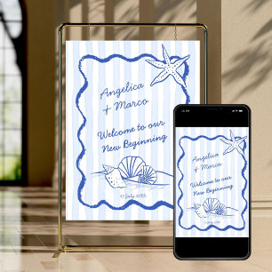 Seashells blue wavy border beach wedding welcome poster