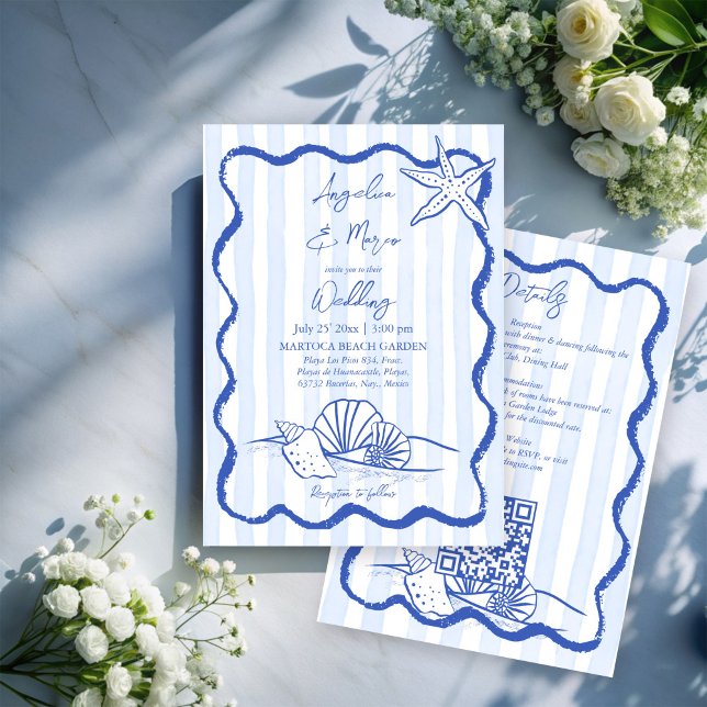 Seashells blue wavy border beach wedding with rsvp invitation (Handrawn Seashells blue wavy border beach wedding invitation cards with rsvp template download)