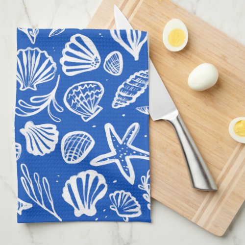 Seashells Blue  White Pattern Beach Shells Chic  Kitchen Towel