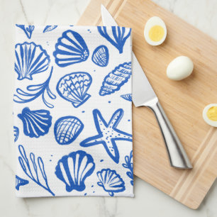 Seashells Blue & White Pattern Beach Shells Chic  Kitchen Towel