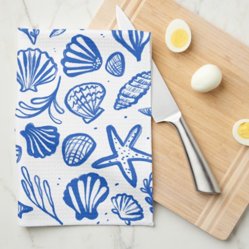 Seashells Blue  White Pattern Beach Shells Chic  Kitchen Towel