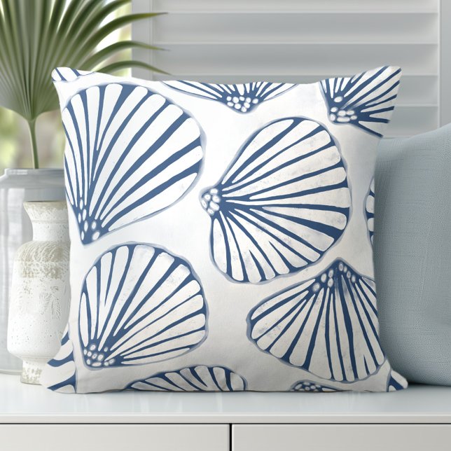 Seashells Blue White Throw Pillow (Discover Gorgeous Coastal Throw Pillows by Totally Coast.)