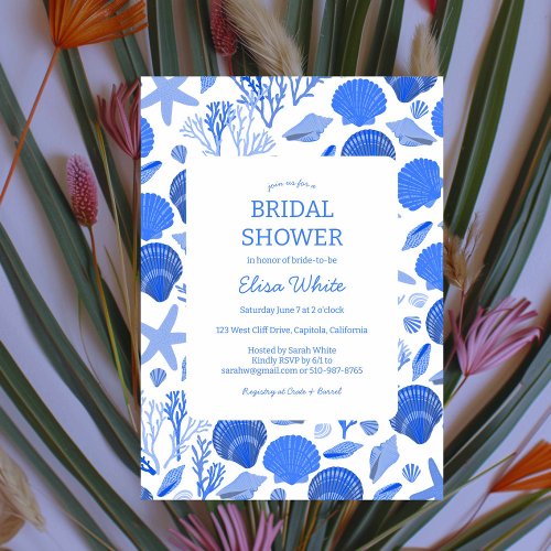 Seashells Bridal Shower Elegant Blue Beach CUSTOM Invitation