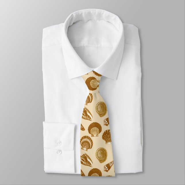 Seashells - Brown on a beige background Neck Tie (Tied)