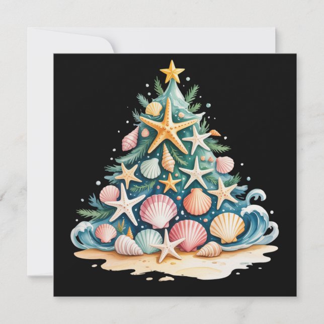 SeaShells Christmas Tree Ocean Water Starfish  Holiday Card (Front)