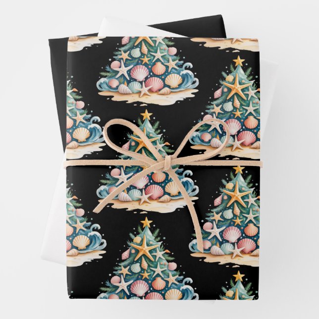 SeaShells Christmas Tree Ocean Water Starfish  Wrapping Paper Sheets (In situ)