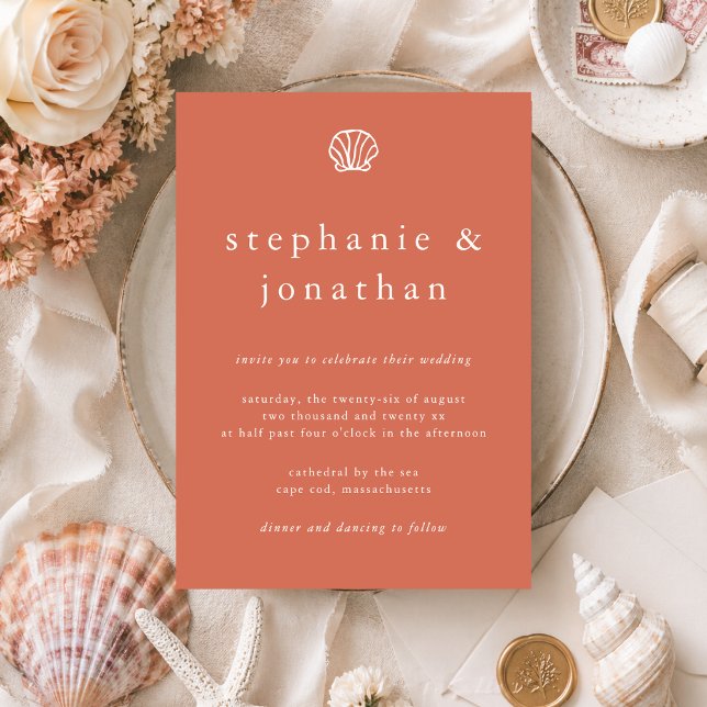 Seashells Coastal Beach Coral Terracotta Wedding  Invitation (Creator Uploaded)