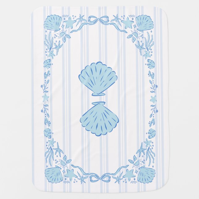 Seashells Coastal Blue Baby Blanket (Front)
