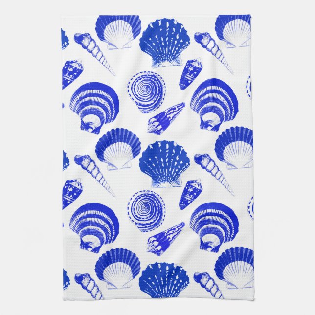 Seashells - cobalt blue on a white background kitchen towel (Vertical)