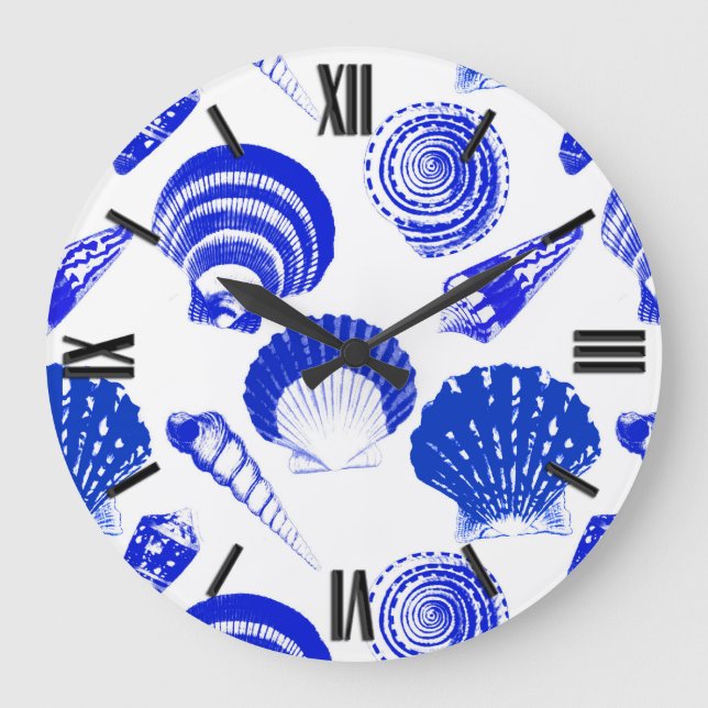 Seashells - cobalt blue on a white background large clock (Front)