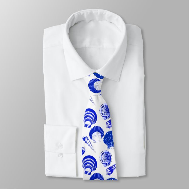 Seashells - cobalt blue on a white background tie (Tied)