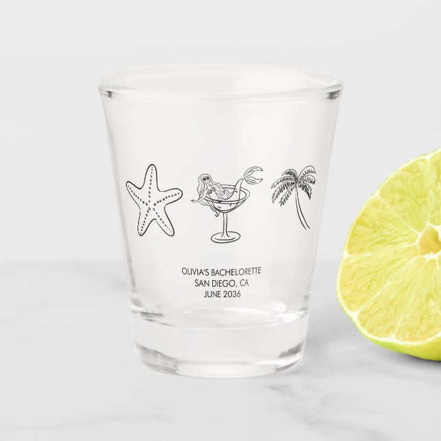 Seashells & Cocktails Beach Bachelorette Favor Shot Glass (Front)
