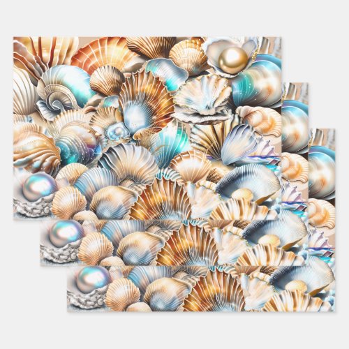 Seashells collage iridescent shimmer beach pattern wrapping paper sheets