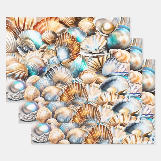 Seashells collage iridescent shimmer beach pattern wrapping paper sheets (Set)