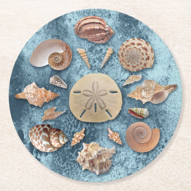 Seashells collection round paper coaster (Front)