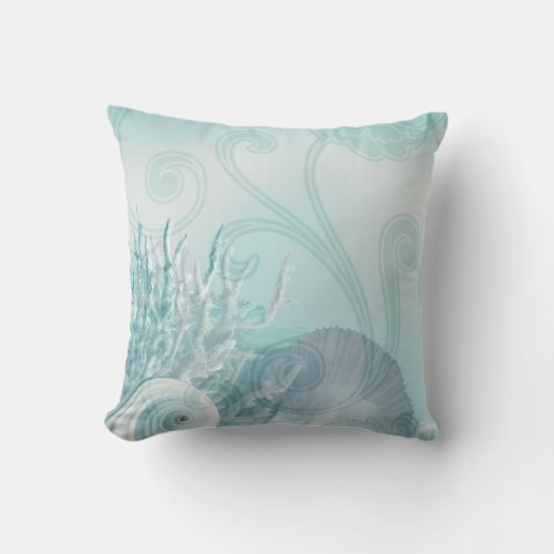 Seashells  Coral Beach Decor  blue Throw Pillow