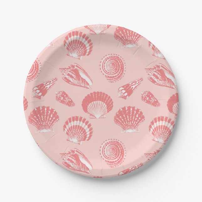 Seashells - coral pink and white paper plates (Front)