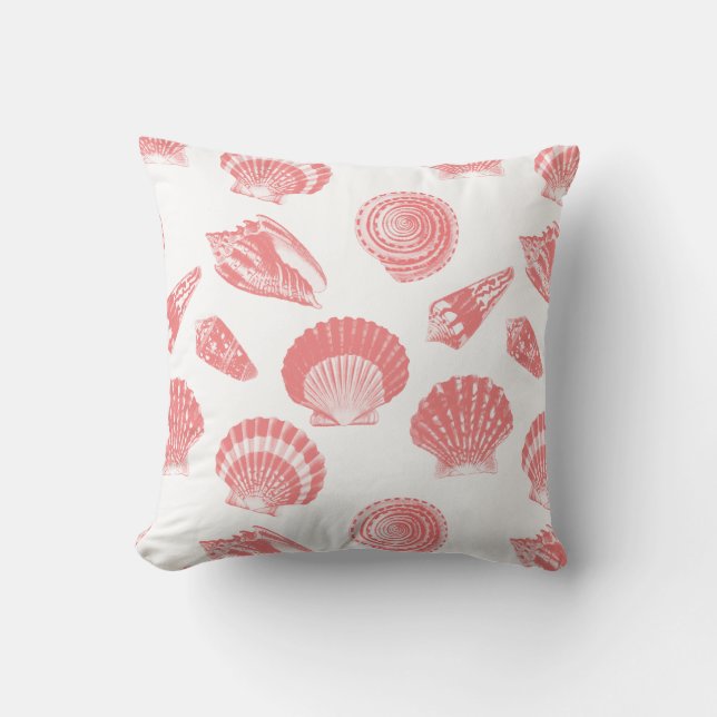 Seashells - coral pink and white throw pillow (Front)