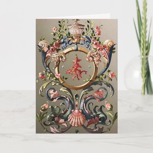 SEASHELLS,CORALS,DOLPHINS,ANTIQUE FLORAL SWIRLS HOLIDAY CARD (Front)