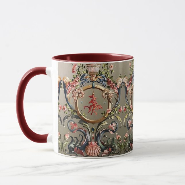 SEASHELLS,CORALS,DOLPHINS,ANTIQUE FLORAL SWIRLS  MUG (Left)