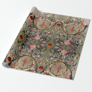 SEASHELLS,CORALS,DOLPHINS,ANTIQUE FLORAL SWIRLS WRAPPING PAPER