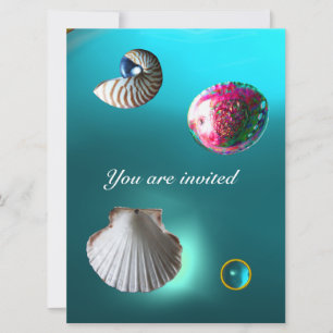 SEASHELLS DAMASK GEM BEACH WEDDING blue aquamarine Invitation