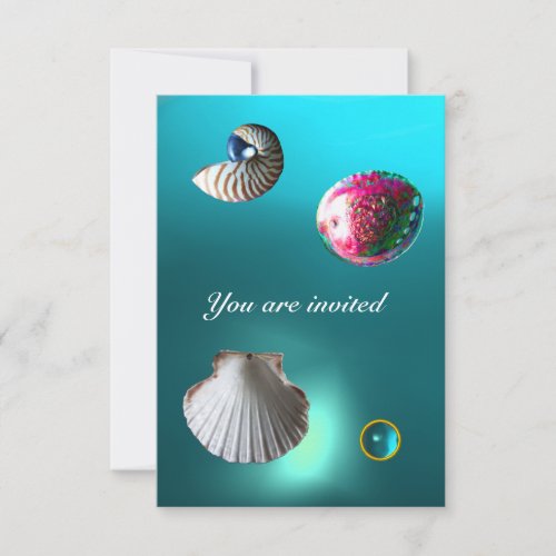 SEASHELLS DAMASK GEM BEACH WEDDING blue aquamarine Invitation