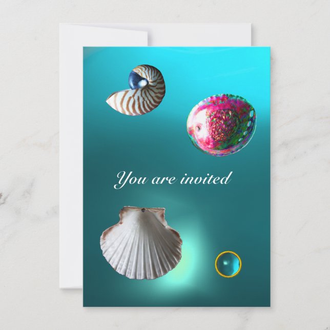 SEASHELLS DAMASK GEM BEACH WEDDING blue aquamarine Invitation (Front)