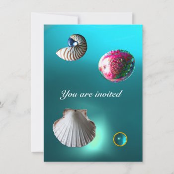 Seashells Damask Gem Beach Wedding Blue Aquamarine Invitation by AiLartworks at Zazzle