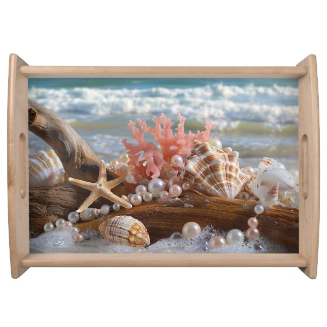 Seashells Driftwood Starfish Coral Pearls Serving Tray (Front)