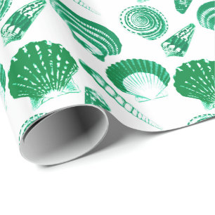 Seashells - emerald green on a white background wrapping paper