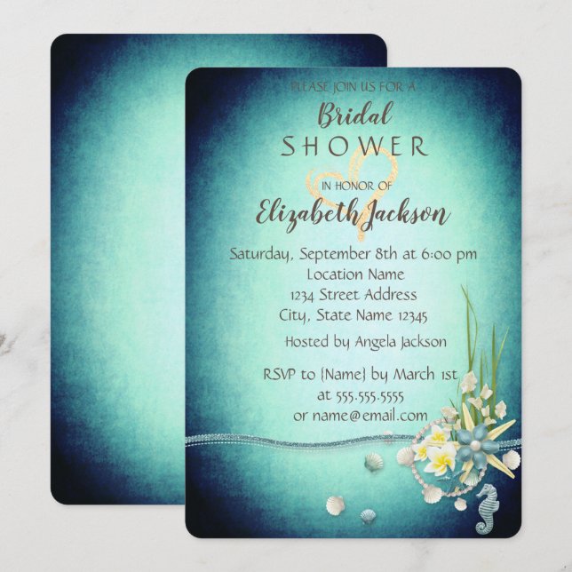 Seashells,Flowers,Gold Heart Bridal Shower Invitation (Front/Back)