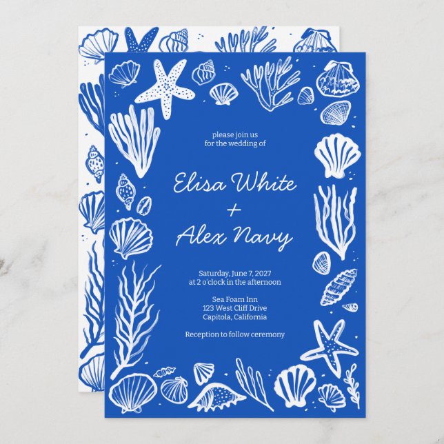 Seashells Frame Beach Wedding Blue CUSTOM  Invitation (Front/Back)