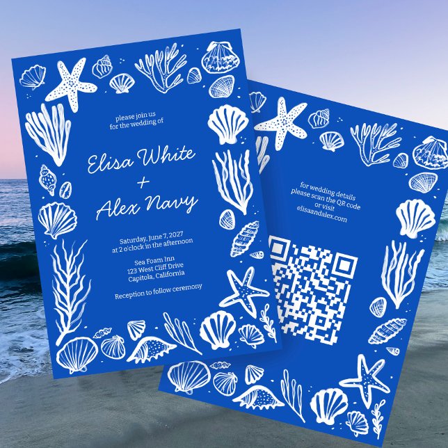 Seashells Frame Beach Wedding CUSTOM QR Code Invitation (Seashells Frame Beach Wedding CUSTOM QR Code Invitation
)