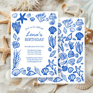 Seashells Frame Birthday Party Blue Beach CUSTOM Invitation